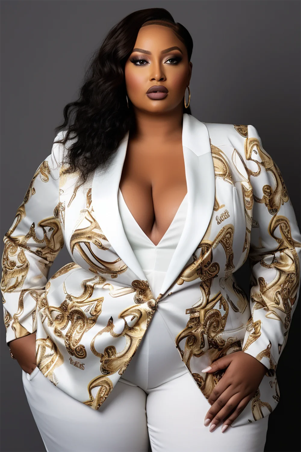 Xpluswear Design Plus Size Mother Of The Bride Blazer Elegant White All Over Print Spring Summer Turndown Collar Long Sleeve Blazer [Pre-Order]