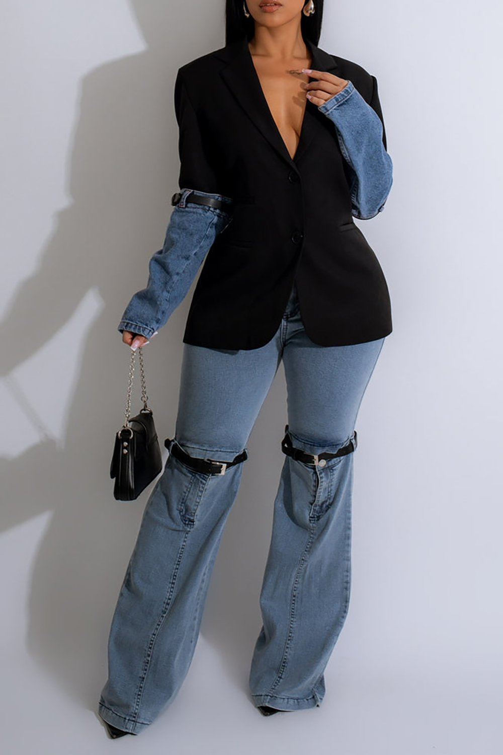 Plus Size Casual Black Fall Winter Turndown Collar Long Sleeve Contrast Denim Two Piece Pant Set [Pre-Order]