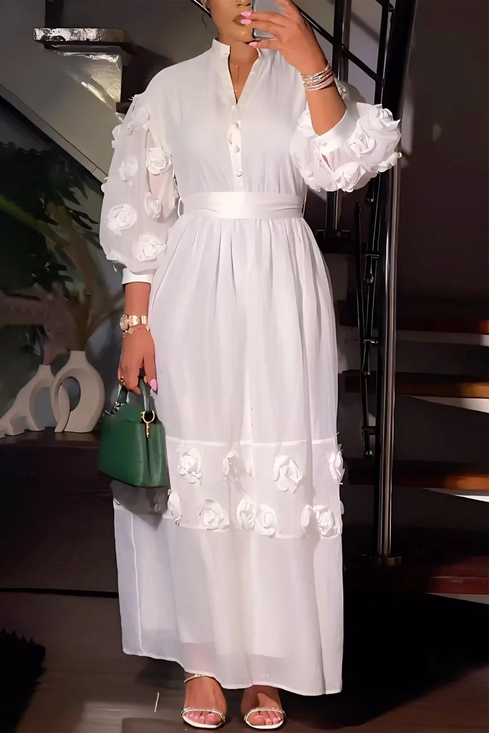 Plus Size Semi Formal White Stand-Up Collar Lantern Sleeve Half Sleeve 3D Appliques Maxi Dresses [Pre-Order]