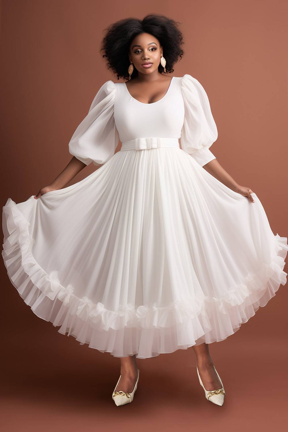 Xpluswear Design Plus Size Wedding White Puff Sleeve Short Sleeve Ruffle Chiffon Maxi Dresses [Pre-Order]