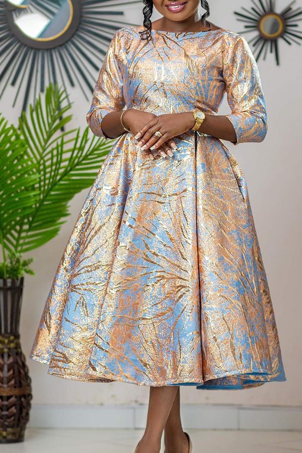 Plus Size Formal Champagne All Over Print Boat Neck 3/4 Sleeve Zipper With Pocket Midi Dresses