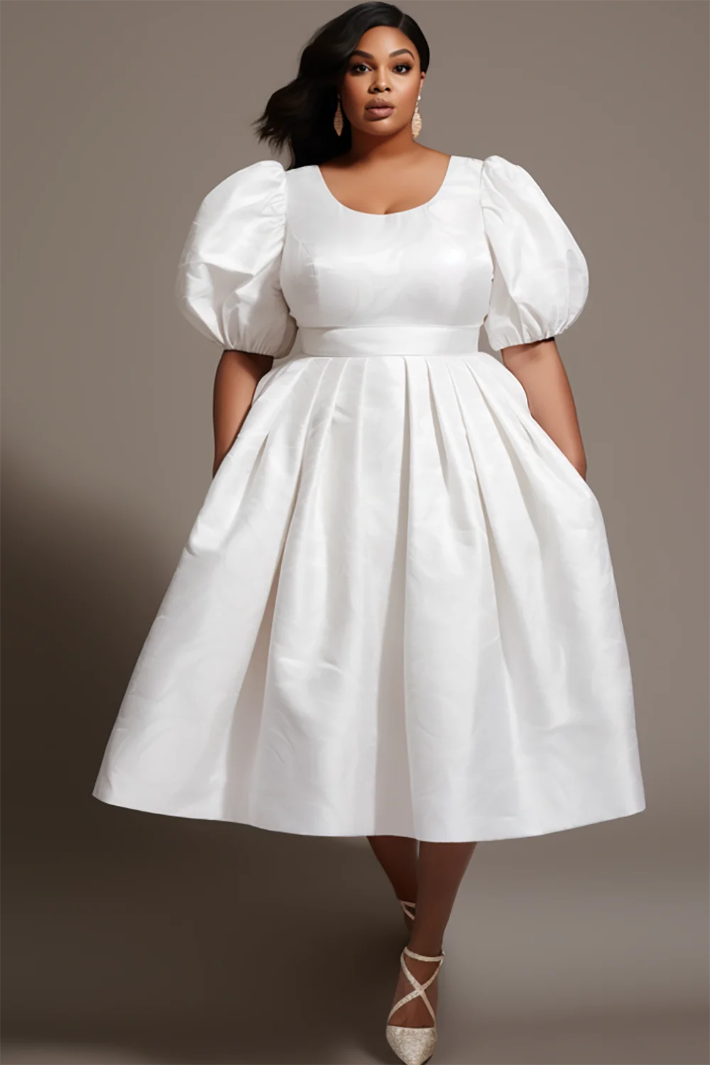 Xpluswear Design Plus Size Semi Formal White Water Ripples Round Neck Puff Sleeve Short Sleeve Satin Midi Dresses