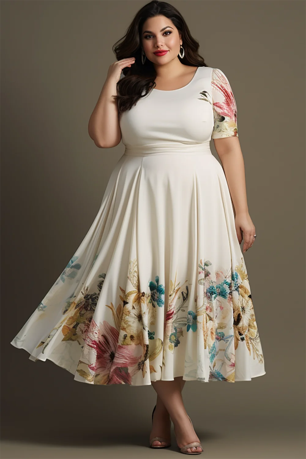 Xpluswear Design Plus Size Semi Formal White Floral Round Neck Short Sleeve Knitted Midi Dresses