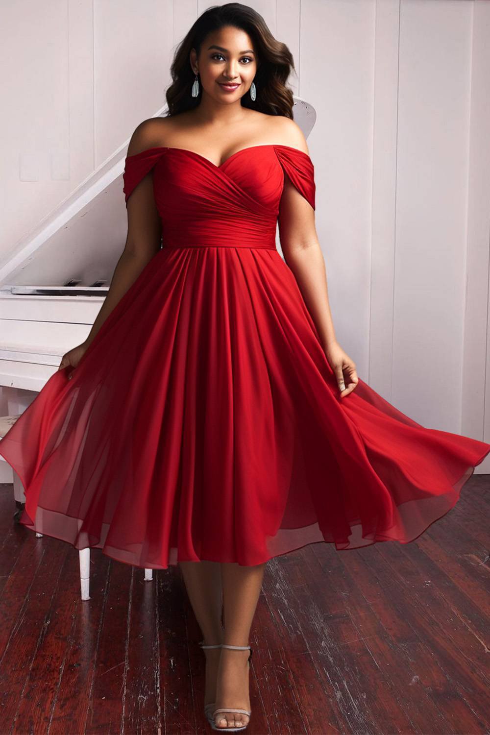 Xpluswear Design Plus Size Cocktail Party Midi Dresses Elegant Red Fall Winter Off The Shoulder Short Sleeve Pleated A-Line Chiffon Midi Dresses