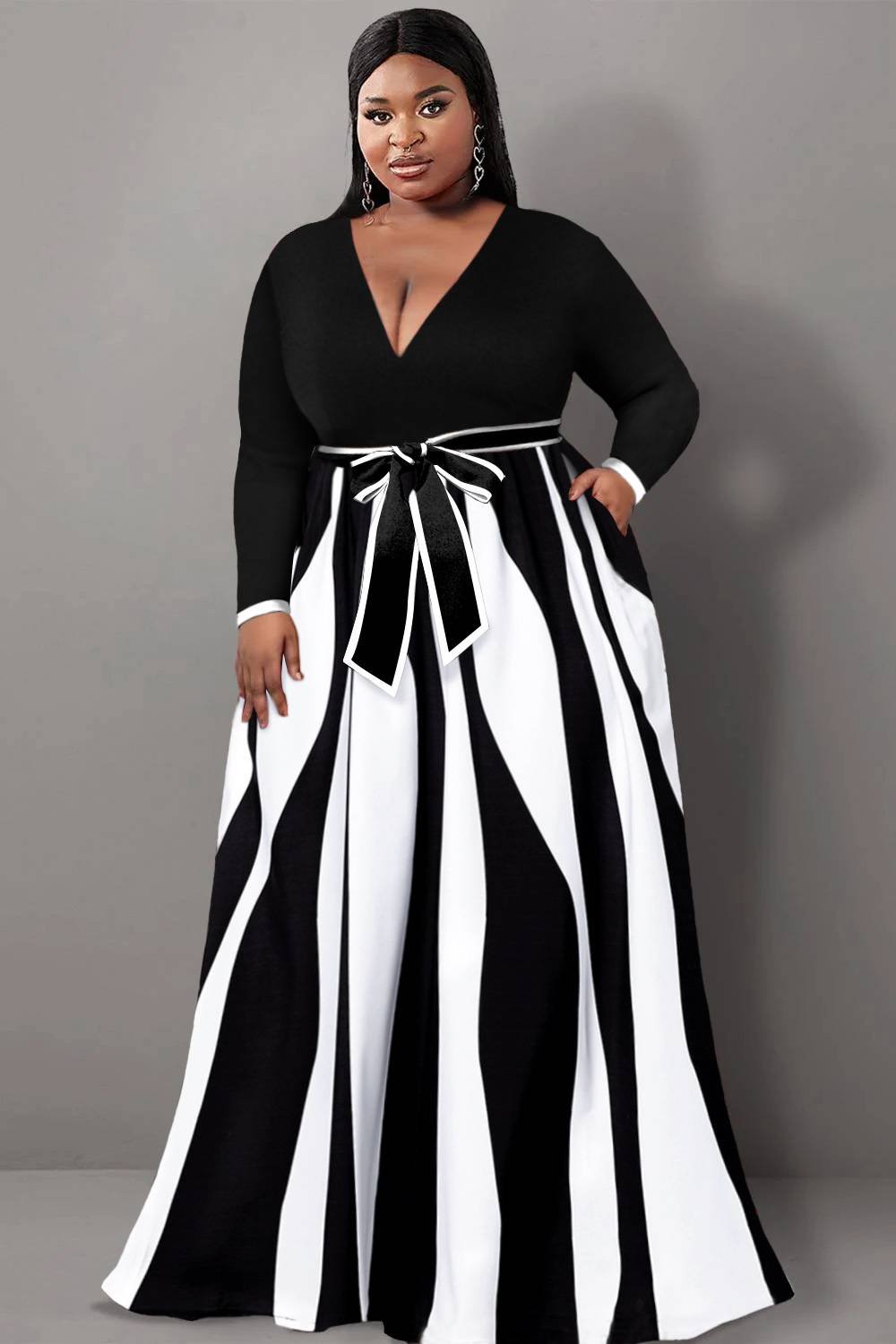 Xpluswear Design Plus Size Semi Formal Maxi Dresses Casual Black Geometric Fall Winter V Neck Long Sleeve Wrap Knitted Maxi Dresses With Pocket