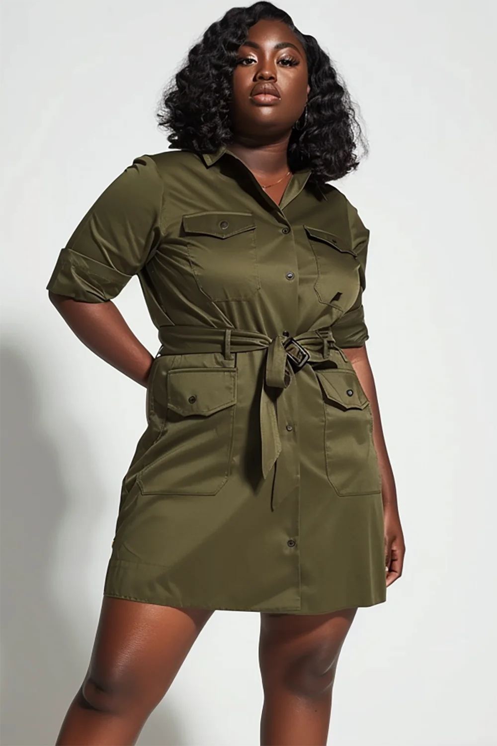 Xpluswear Design Plus Size Business Casual Olive Green Shirt Collar 3/4 Sleeve Pocket Button Mini Dresses [Pre-Order]