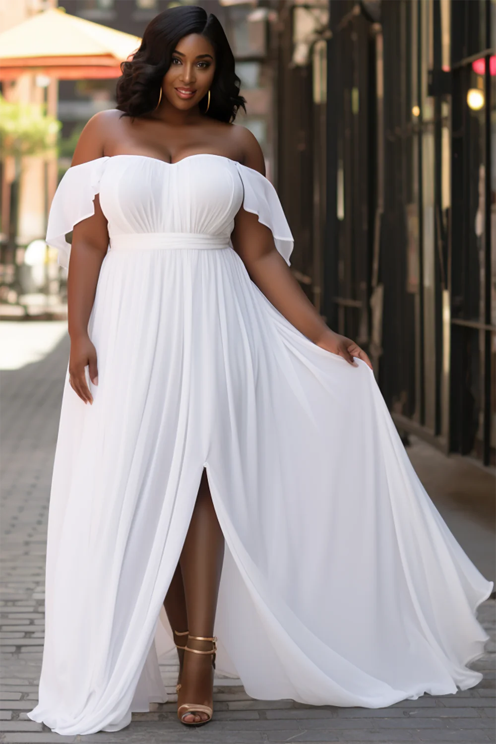 Xpluswear Design Plus Size Vacation Elegant White Off The Shoulder Cap Sleeve Split Chiffon Maxi Dresses [Pre-Order]