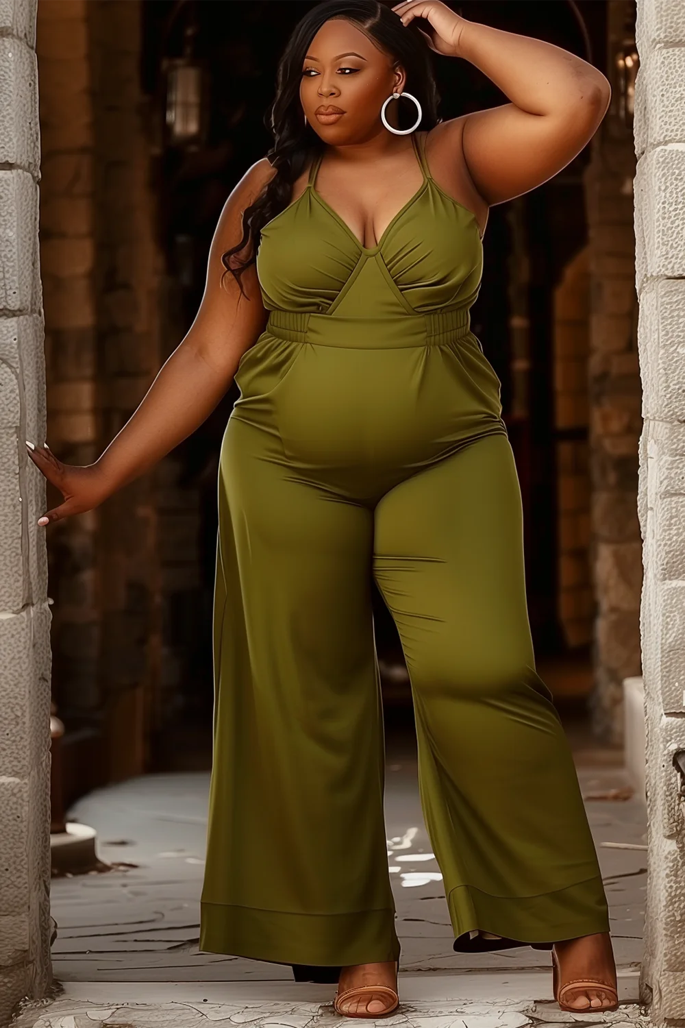Xpluswear Design Plus Size Daily Army Green With Pocket Cami Knitted Jumpsuits [Pre-Order]