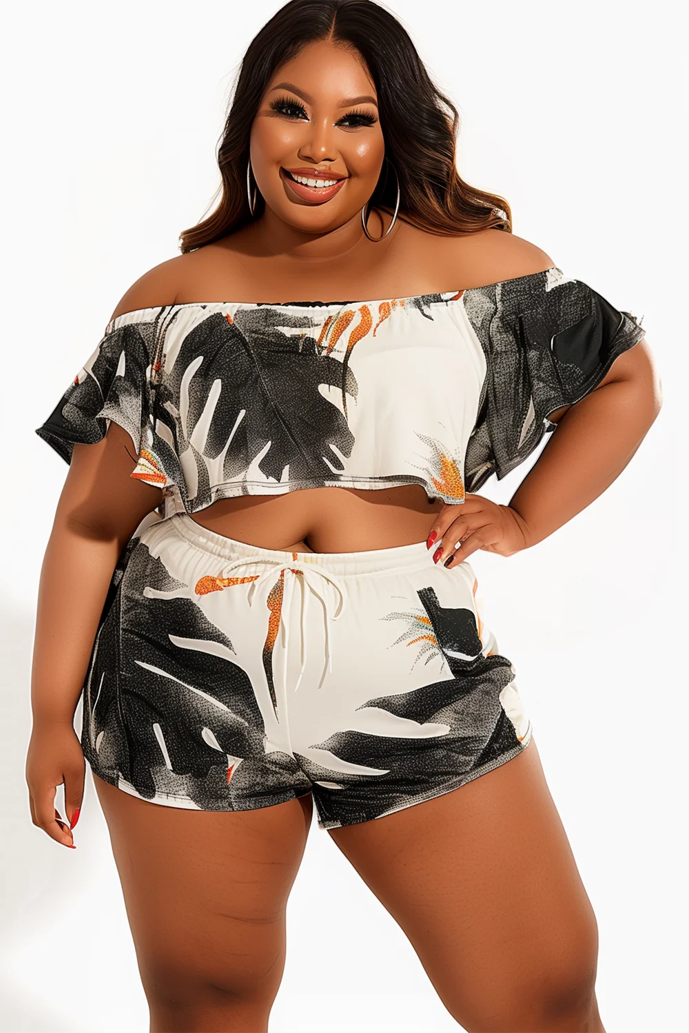 Xpluswear Design Plus Size Vacation White Tropical Print Off The Shoulder Short Sleeve Knitted Two Pieces Short Sets [Pre-Order]