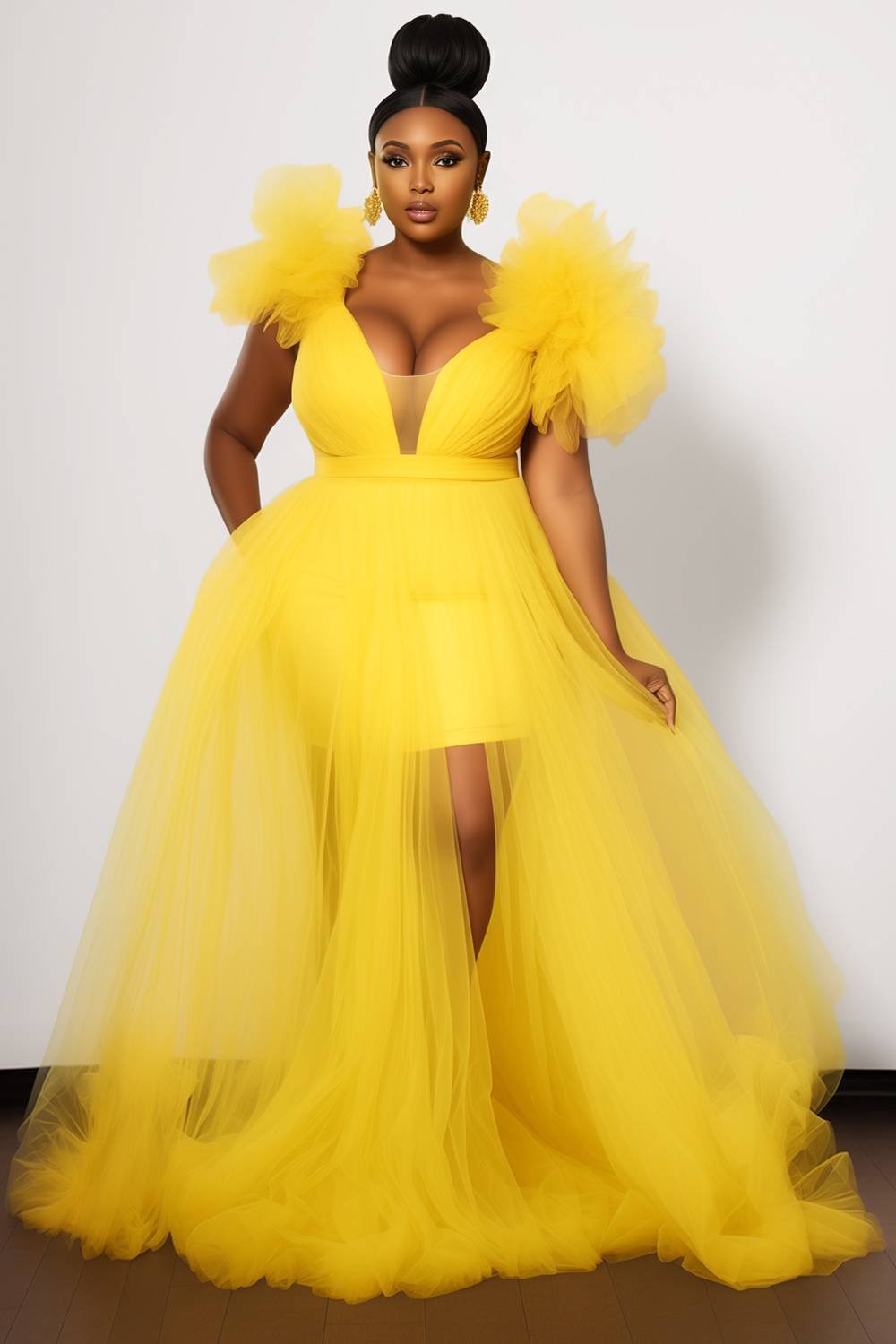 Xpluswear Design Plus Size Party Yellow Split See Through Tulle Maxi Dresses [Pre-Order]