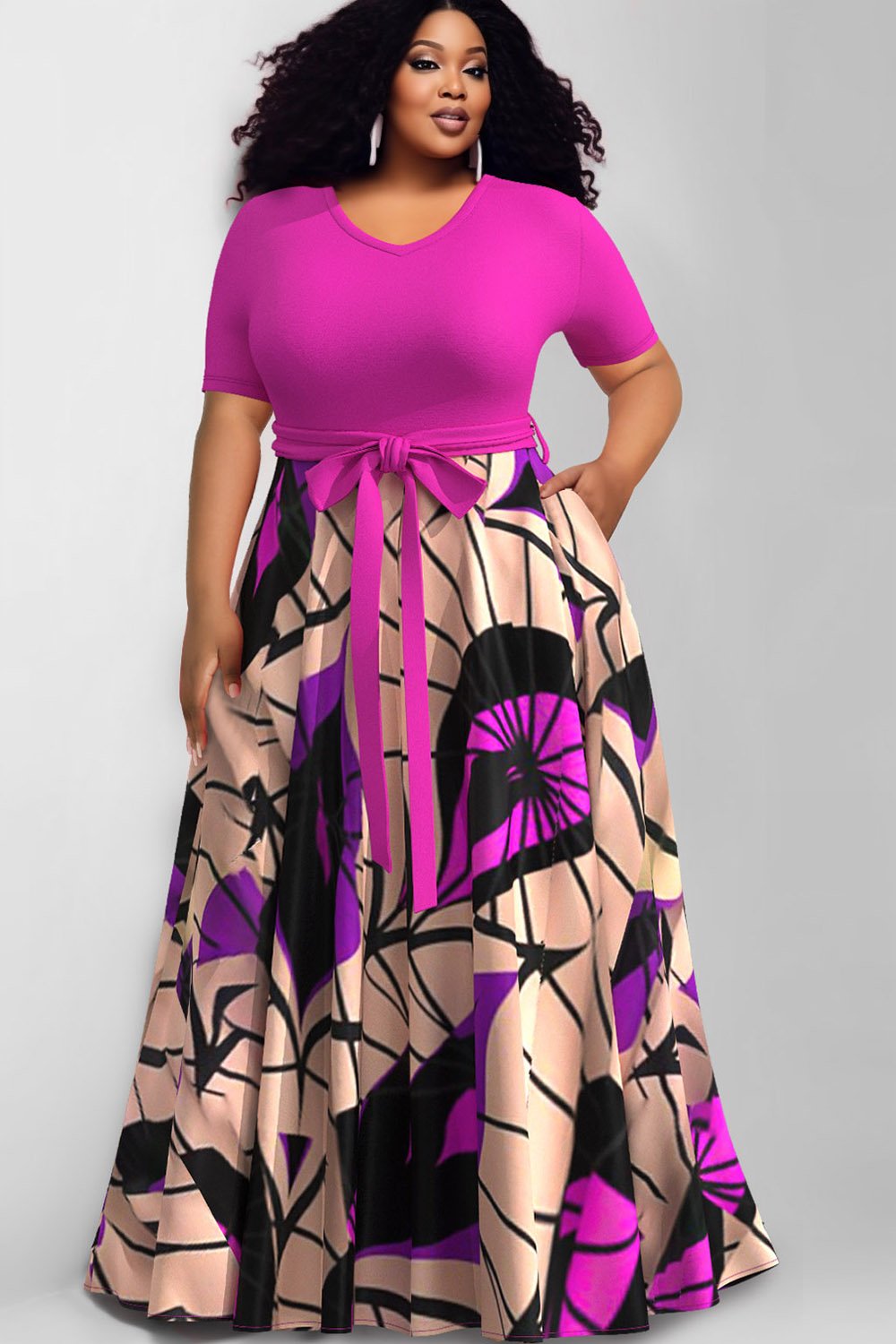 Xpluswear Design Plus Size Daily Magenta Round Neck Short Sleeve Pocket Maxi Dresses