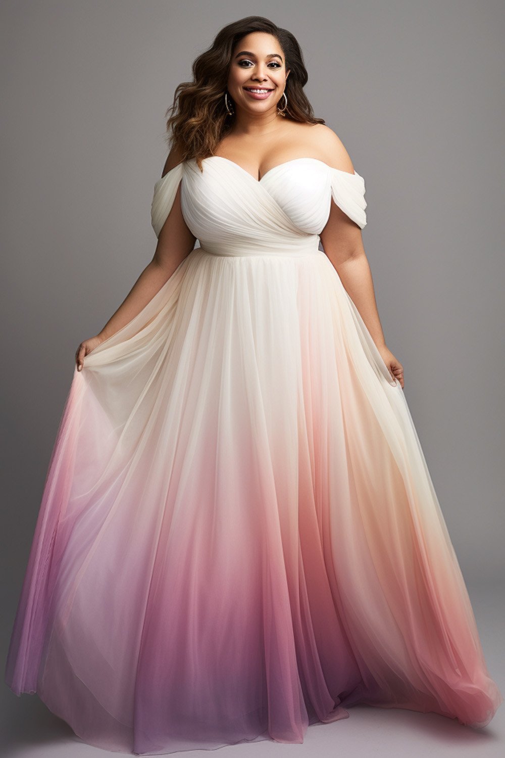 Xpluswear Design Plus Size Formal Bridesmaid Elegant Pink Gradient Off The Shoulder Tulle Maxi Dresses [Pre-Order]