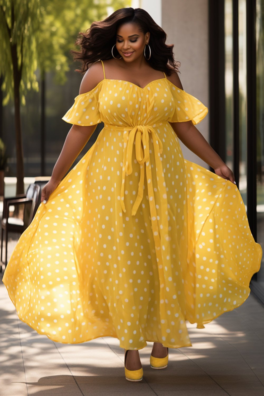 Xpluswear Design Plus Size Vacation Yellow Polka Dot Open Shoulder Short Sleeve Wrap Maxi Dresses [Pre-Order]