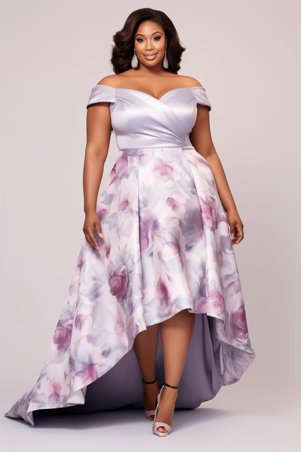 Xpluswear Design Plus Size Mother Of The Bride Lavender Floral Off The Shoulder Asymmetric Hem Contrast Satin Maxi Dresses [Pre-Order]