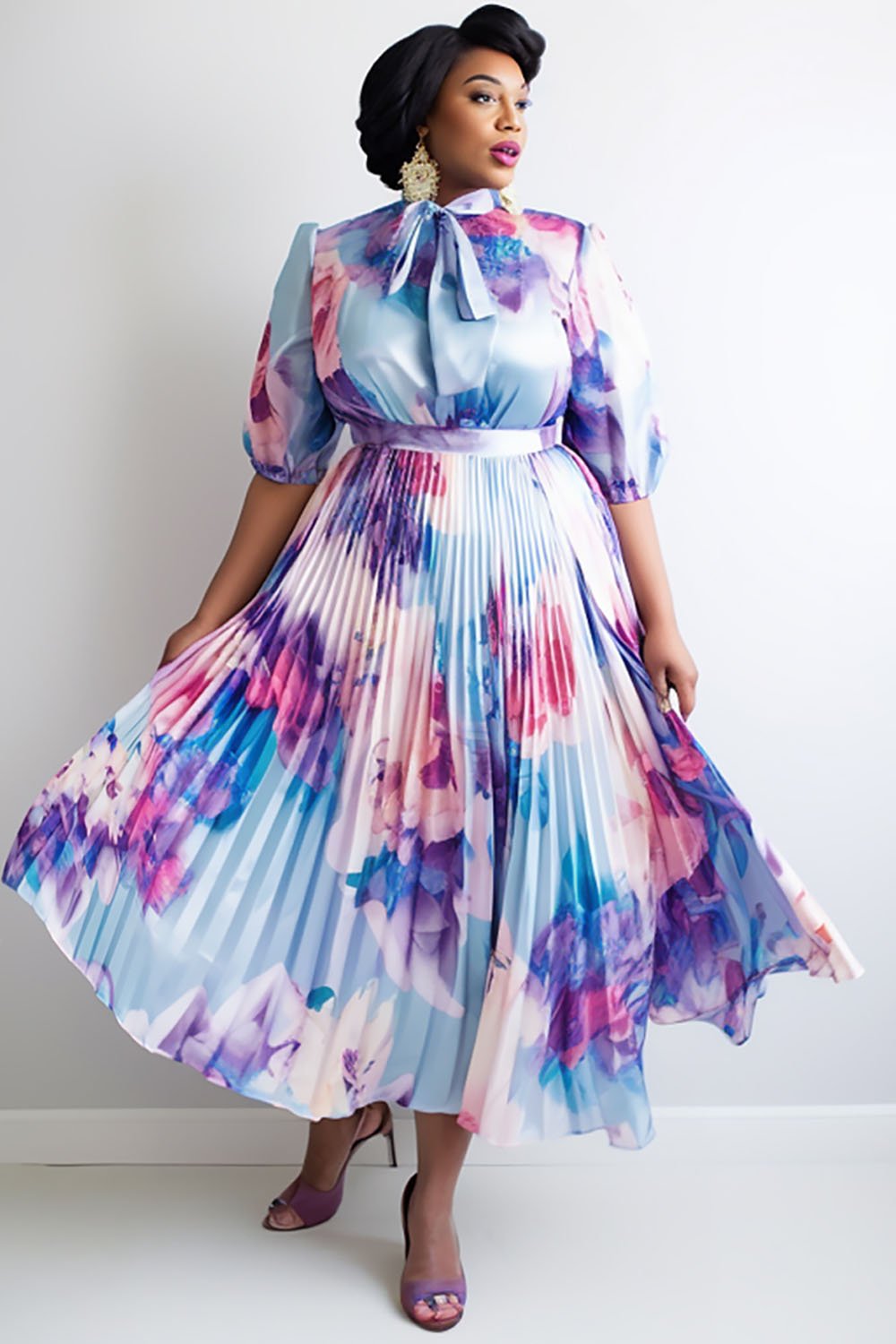 Xpluswear Design Plus Size Business Casual Blue All Over Print Lantern Sleeve Half Sleeve Pleated Bow Tie Satin Midi Dresses [Pre-Order]