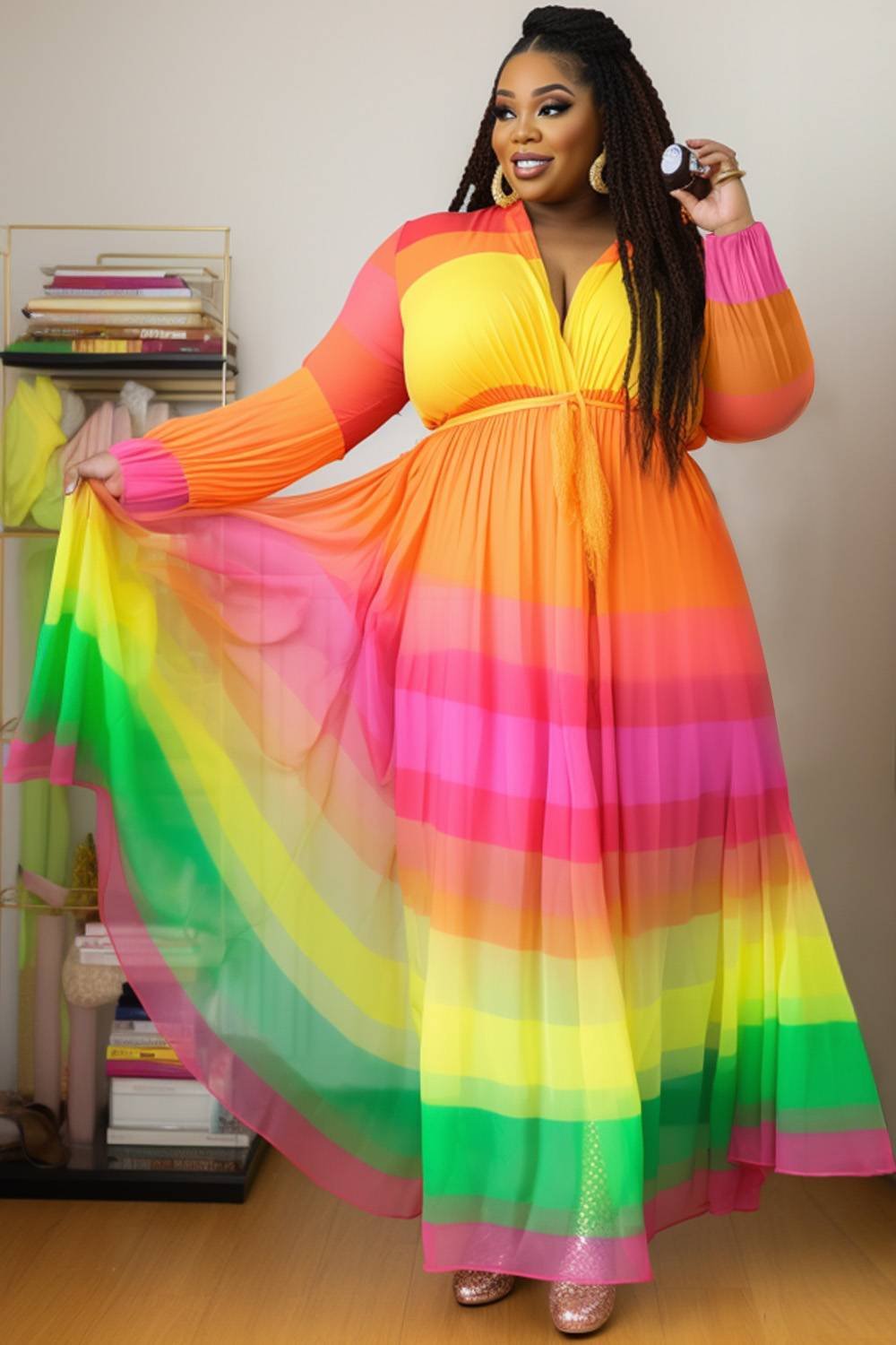 Xpluswear Design Plus Size Daily Multicolor Gradient V Neck Lantern Sleeve Long Sleeve Wrap Chiffon Maxi Dresses [Pre-Order]