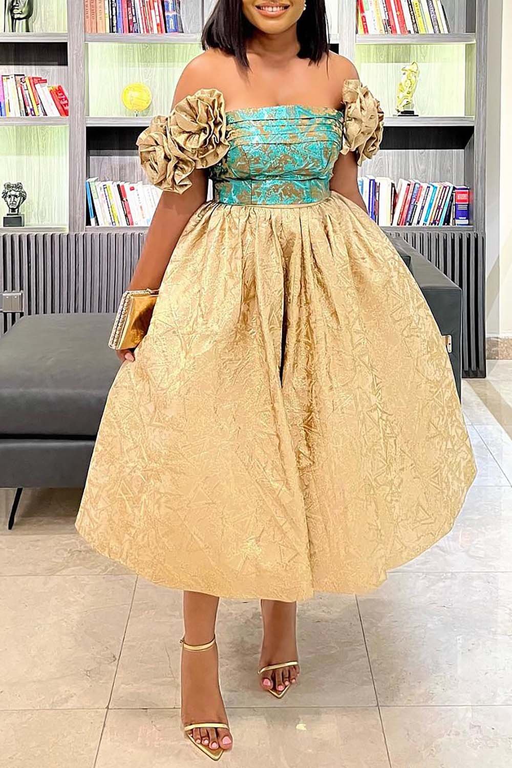 Plus Size Formal Gold Floral Off The Shoulder 3D Crinkle Chest Print Midi Dresses [Pre-Order]