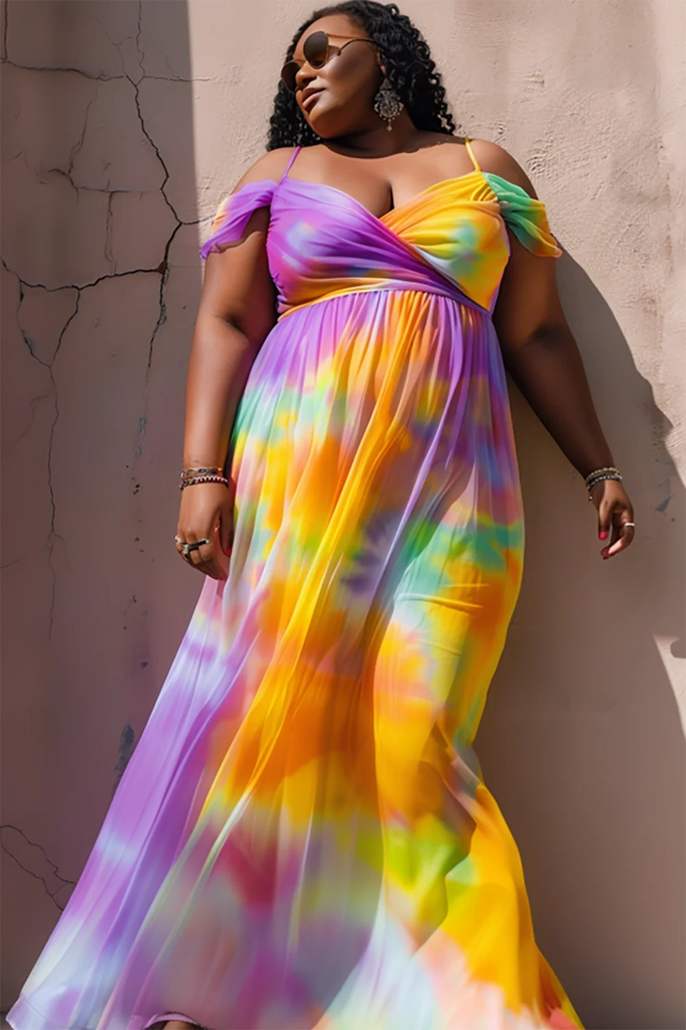 Xpluswear Design Plus Size Vacation Multicolor Tie Dye Open Shoulder Chiffon Maxi Dresses [Pre-Order]