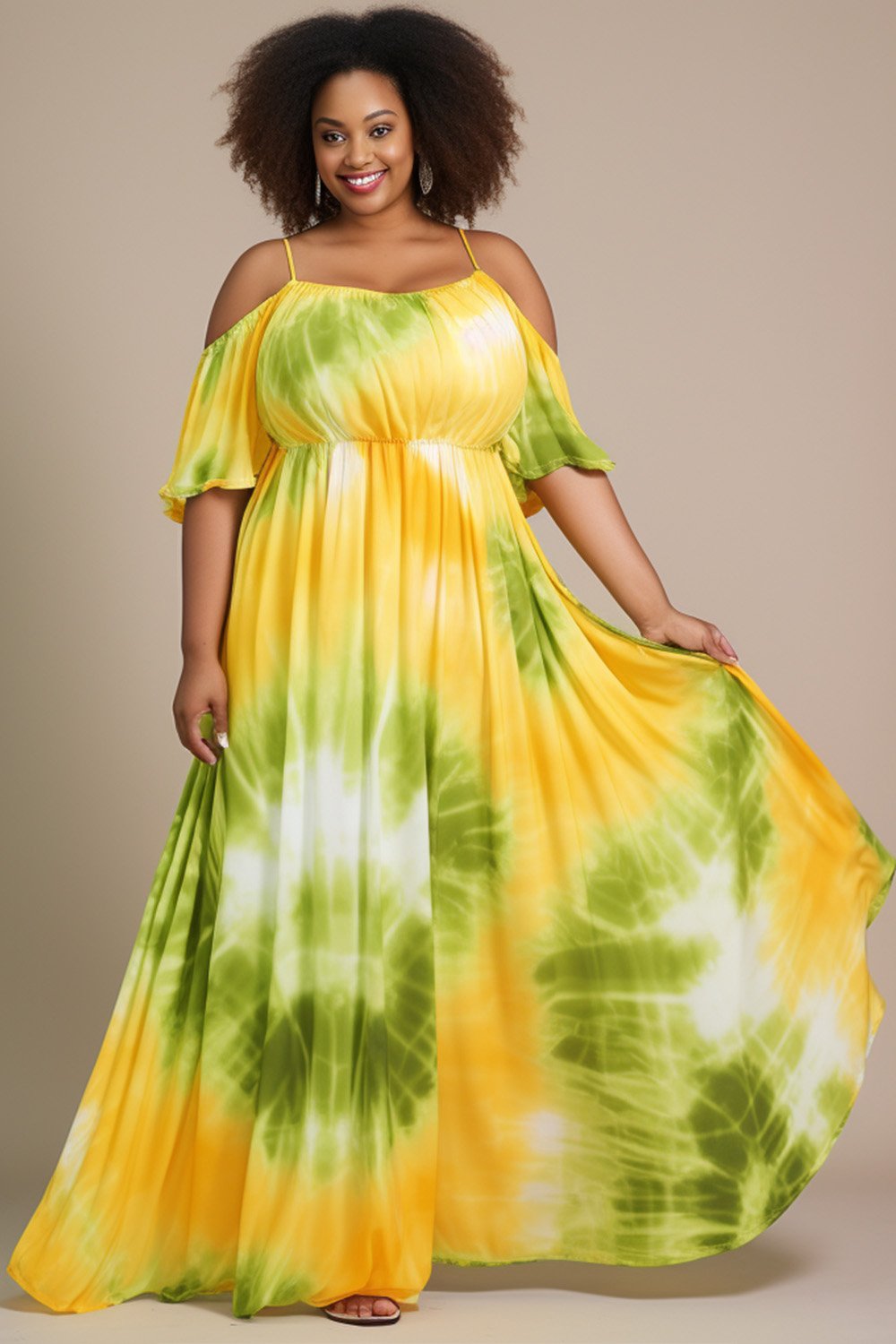 Xpluswear Design Plus Size Daily Yellow Tie Dye Square Neck Open Shoulder Short Sleeve Cut Out Knitted Maxi Dresses [Pre-Order]