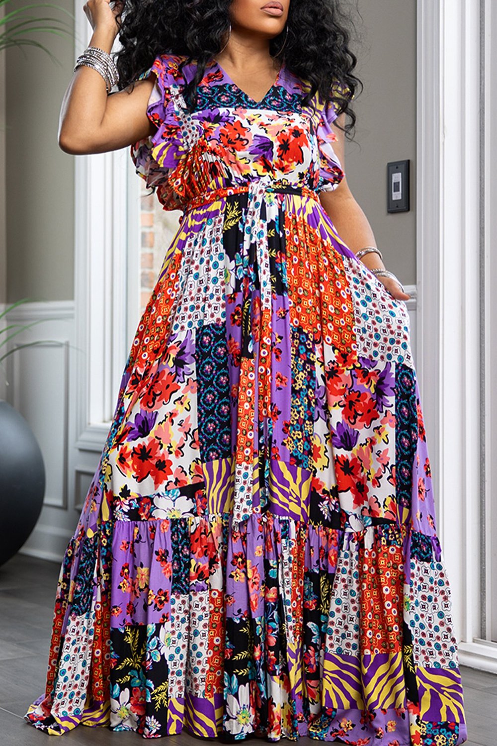 Plus Size Vacation Multicolor All Over Print V Neck Flutter Sleeve Contrast Maxi Dresses [Pre-Order]