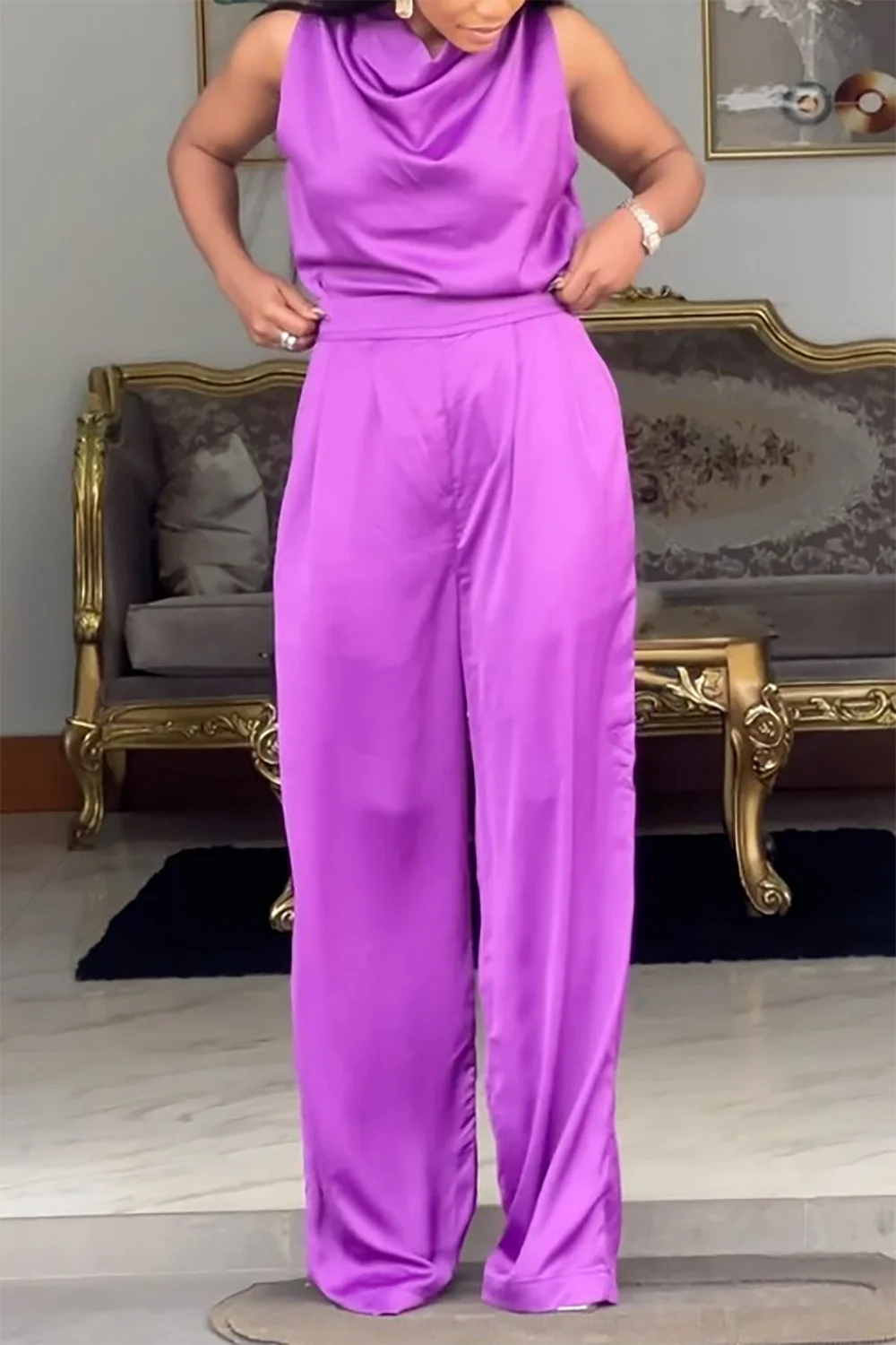 Plus Size Business Casual Purple Cowl Neck Satin Jumpsuits [Pre-Order]