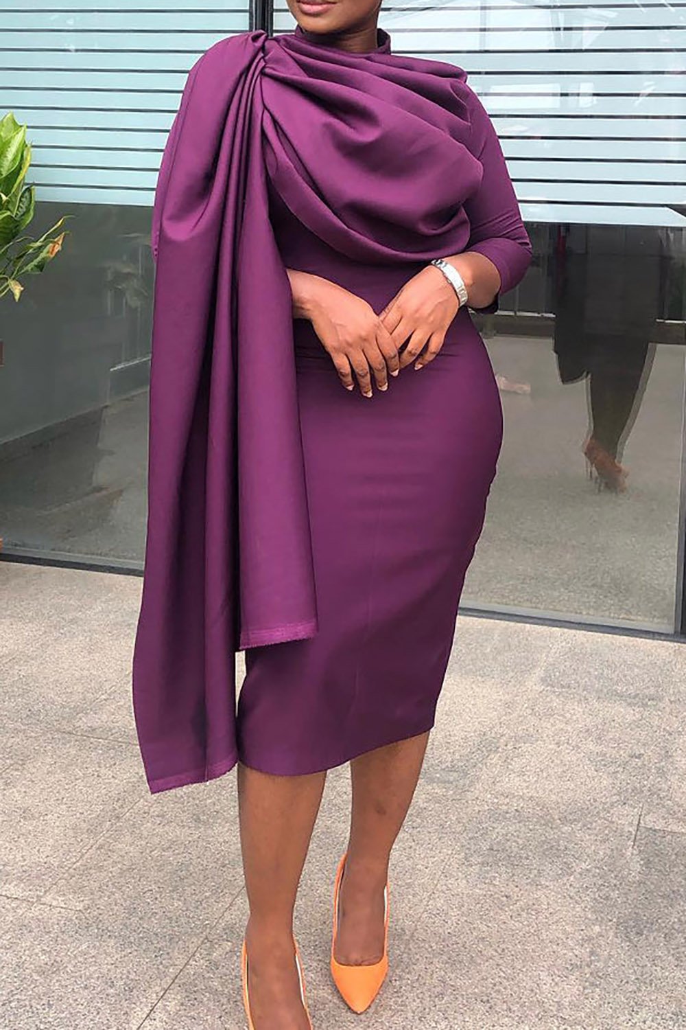 Plus Size Semi Formal Midi Dresses Elegant Purple Fall Winter Mock Neck 3/4 Sleeve Satin Midi Dresses