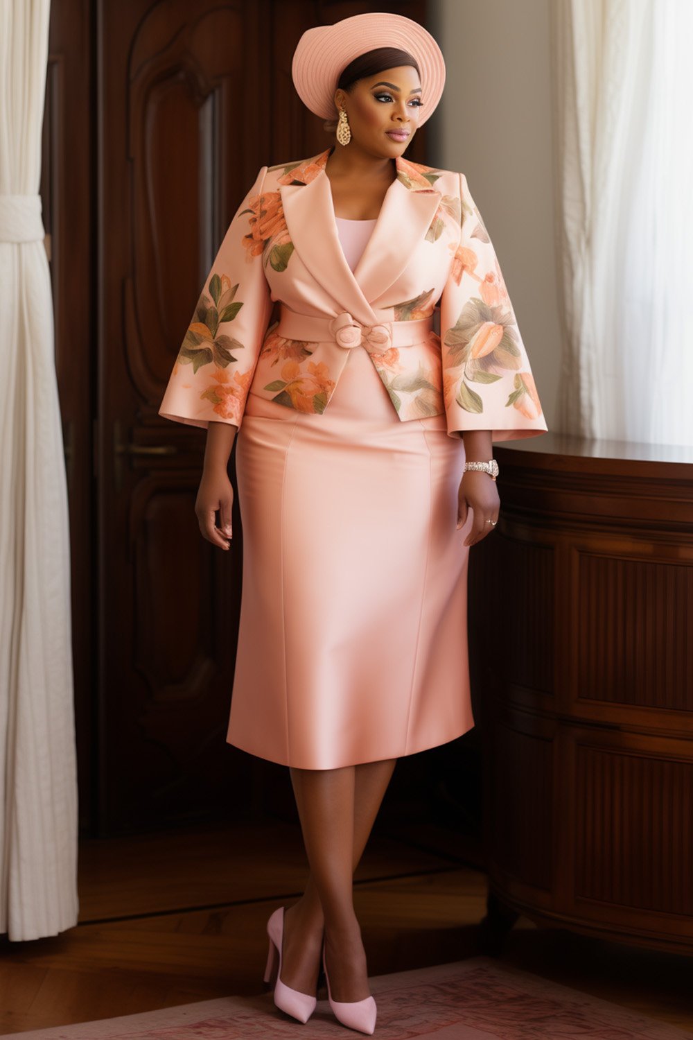 Xpluswear Design Plus Size Church Peach Floral Turndown Collar Long Sleeve Wrap Satin Two Piece Dress Sets [Pre-Order]