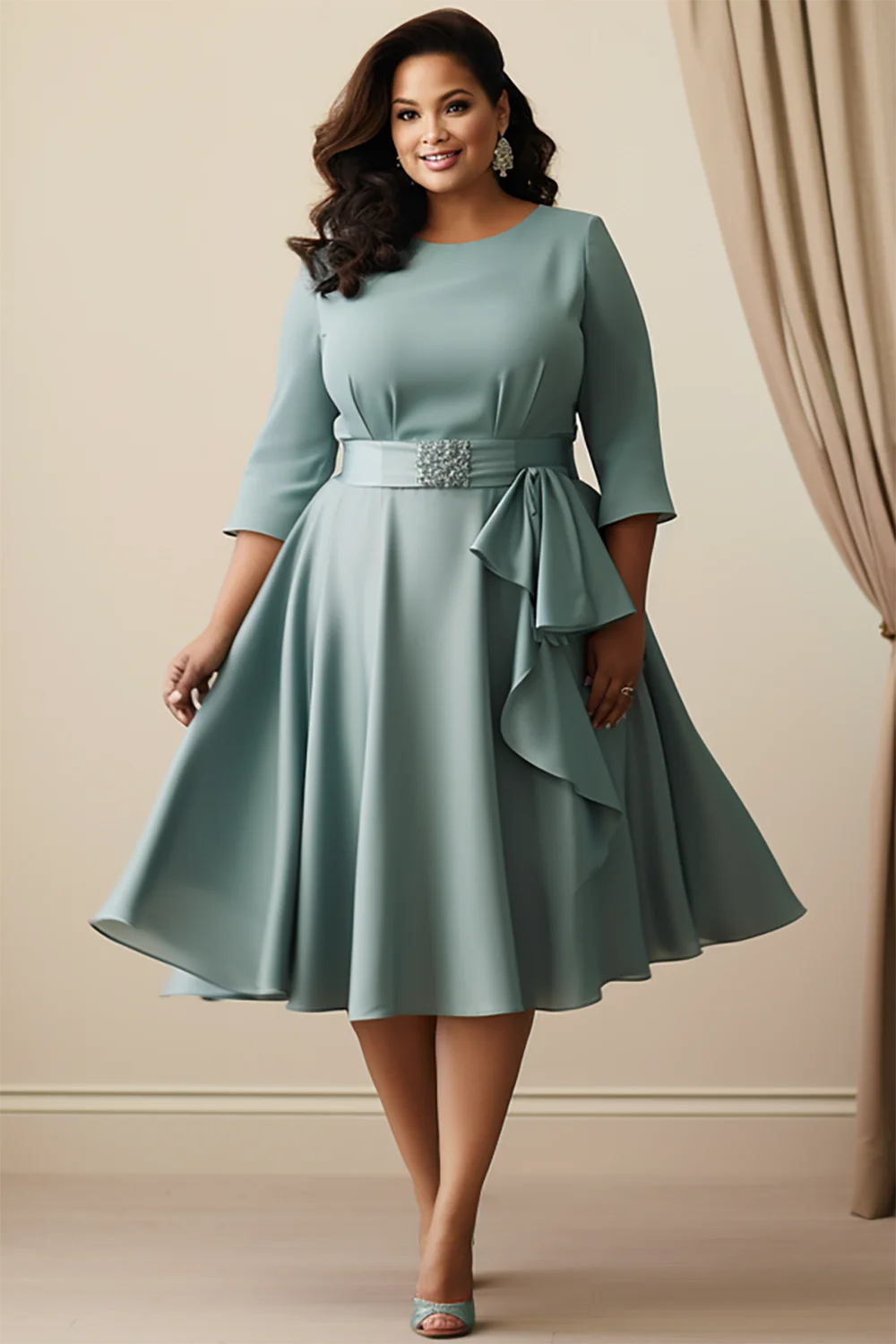 Xpluswear Design Plus Size Mother Of The Bride Green Round Neck 3/4 Sleeve Bow Tie Chiffon Midi Dresses