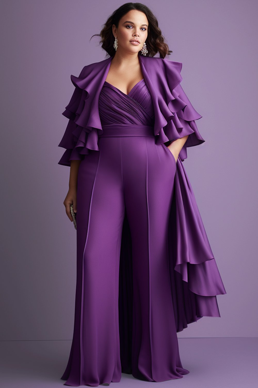 Xpluswear Design Plus Size Mother Of The Bride Elegant Purple Wrap Neck Cape Sleeve 3/4 Sleeve Flounce Pocket Knitted Two Piece Pant Sets [Pre-Order]