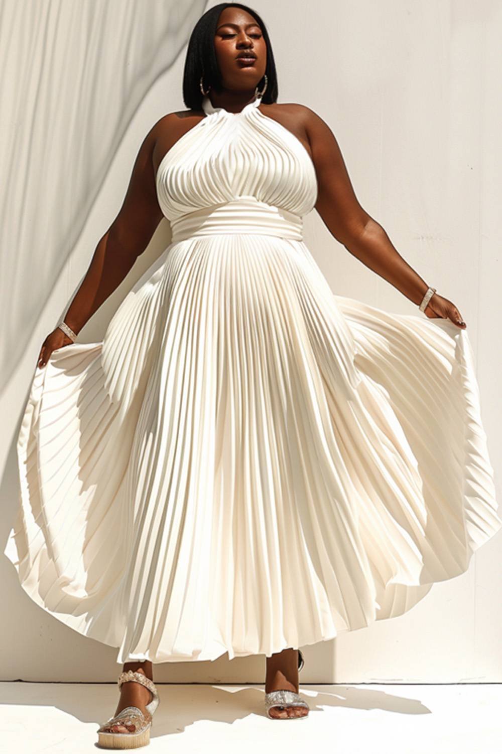 Xpluswear Design Plus Size Daily White Halter Collar Pleated Knitted Maxi Dresses [Pre-Order]