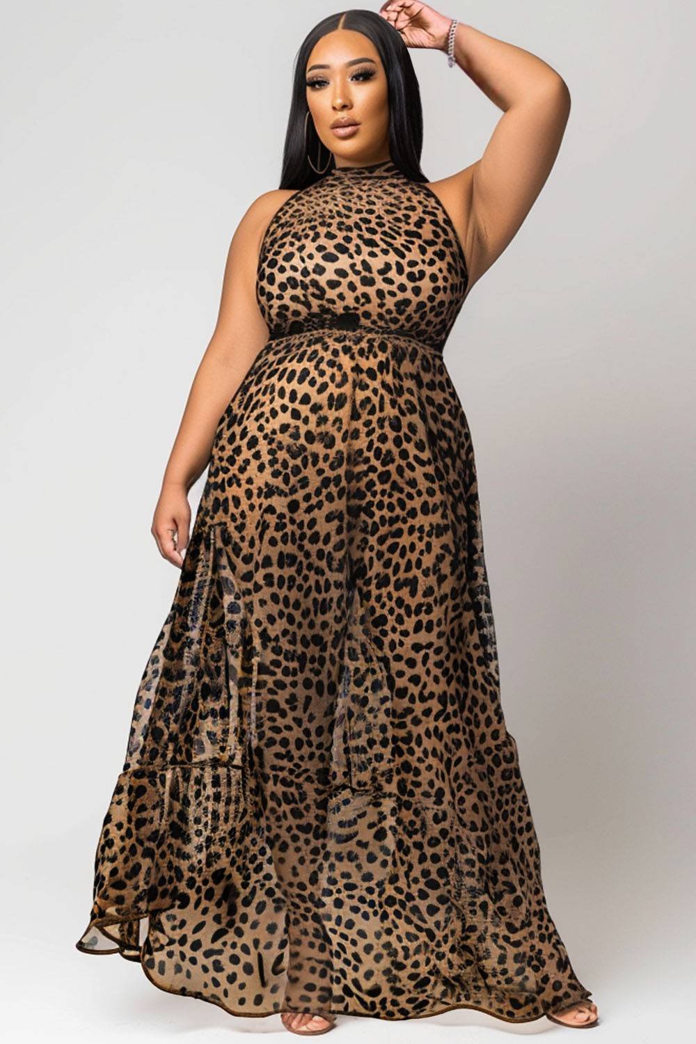 Xpluswear Design Plus Size Vacation Brown Leopard Halter Collar Tulle Maxi Dresses [Pre-Order]