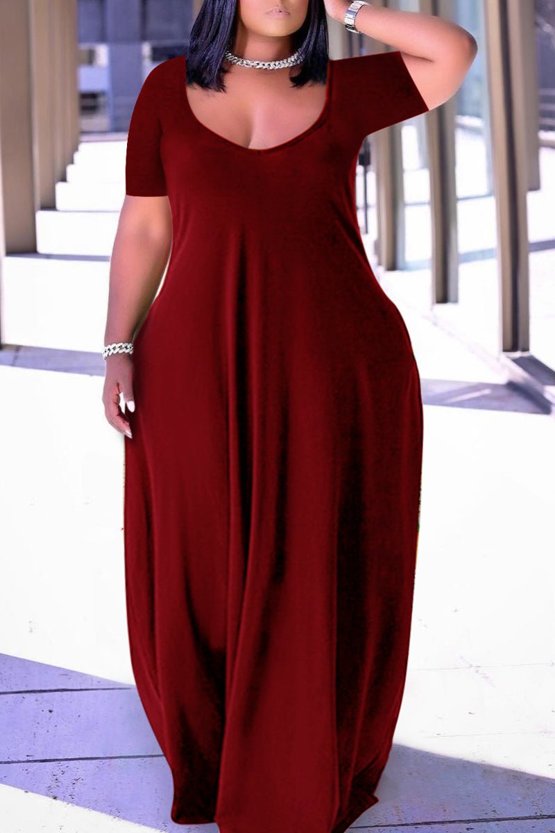 Xpluswear Plus Size Casual Burgundy Short Sleeves Solid Cocoon Summer Sun Maxi Dress