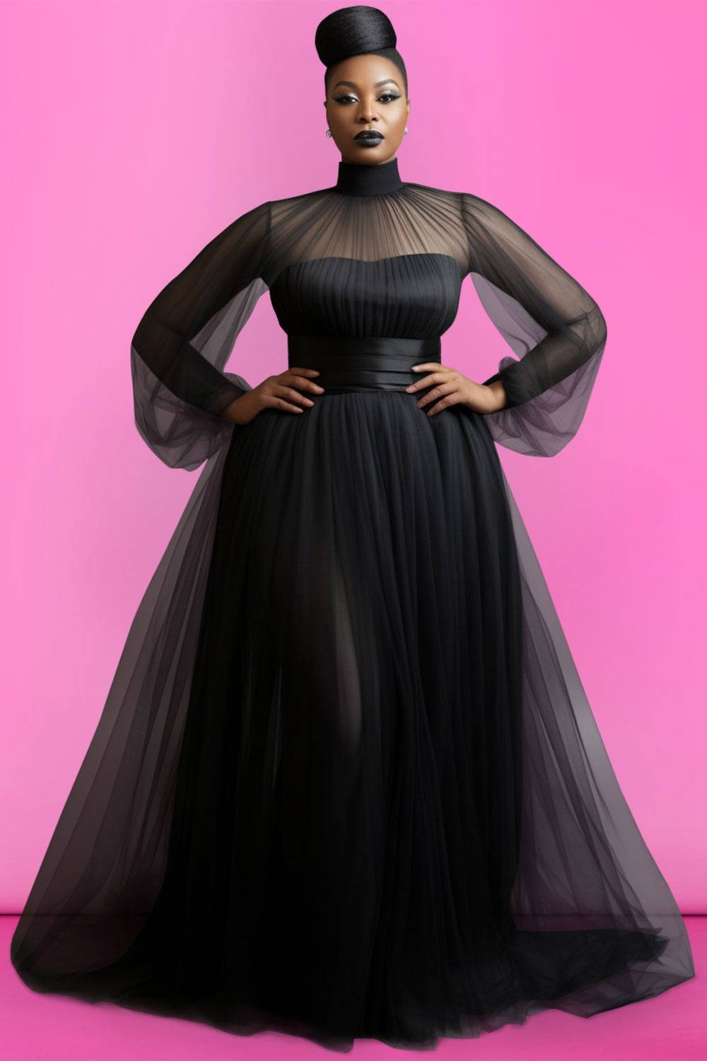 Xpluswear Design Plus Size Formal Elegant Black Spring Summer Mock Neck Lantern Sleeve Long Sleeve See Through Mesh Tulle Maxi Dresses