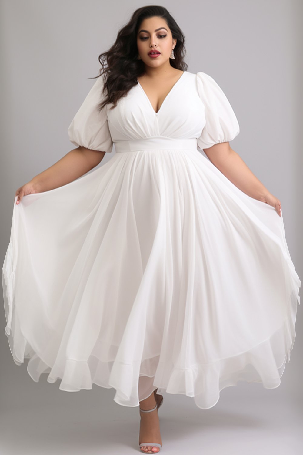 Xpluswear Design Plus Size Semi Formal Elegant White V Neck Puff Sleeve Short Sleeve Tulle Maxi Dresses [Pre-Order]