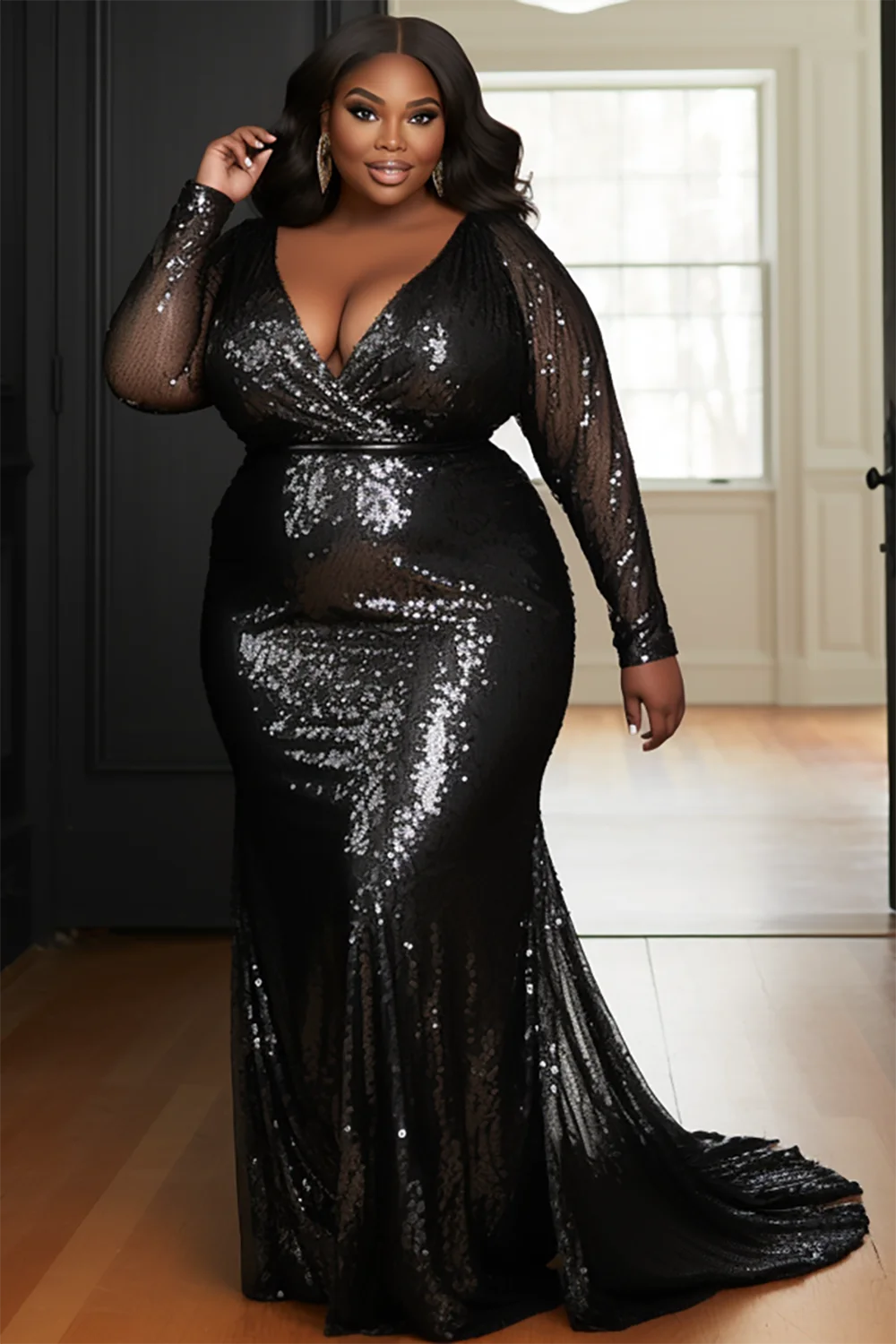 Xpluswear Design Plus Size Formal Elegant Black Wrap Neck Long Sleeve Mermaid Sequin Maxi Dresses [Pre-Order]