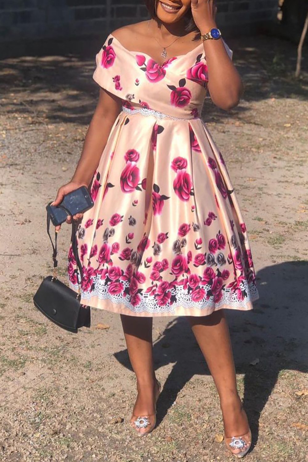 Plus Size Semi Formal Pink Elegant Floral Off The Shoulder Satin Midi Dresses [Pre-Order]