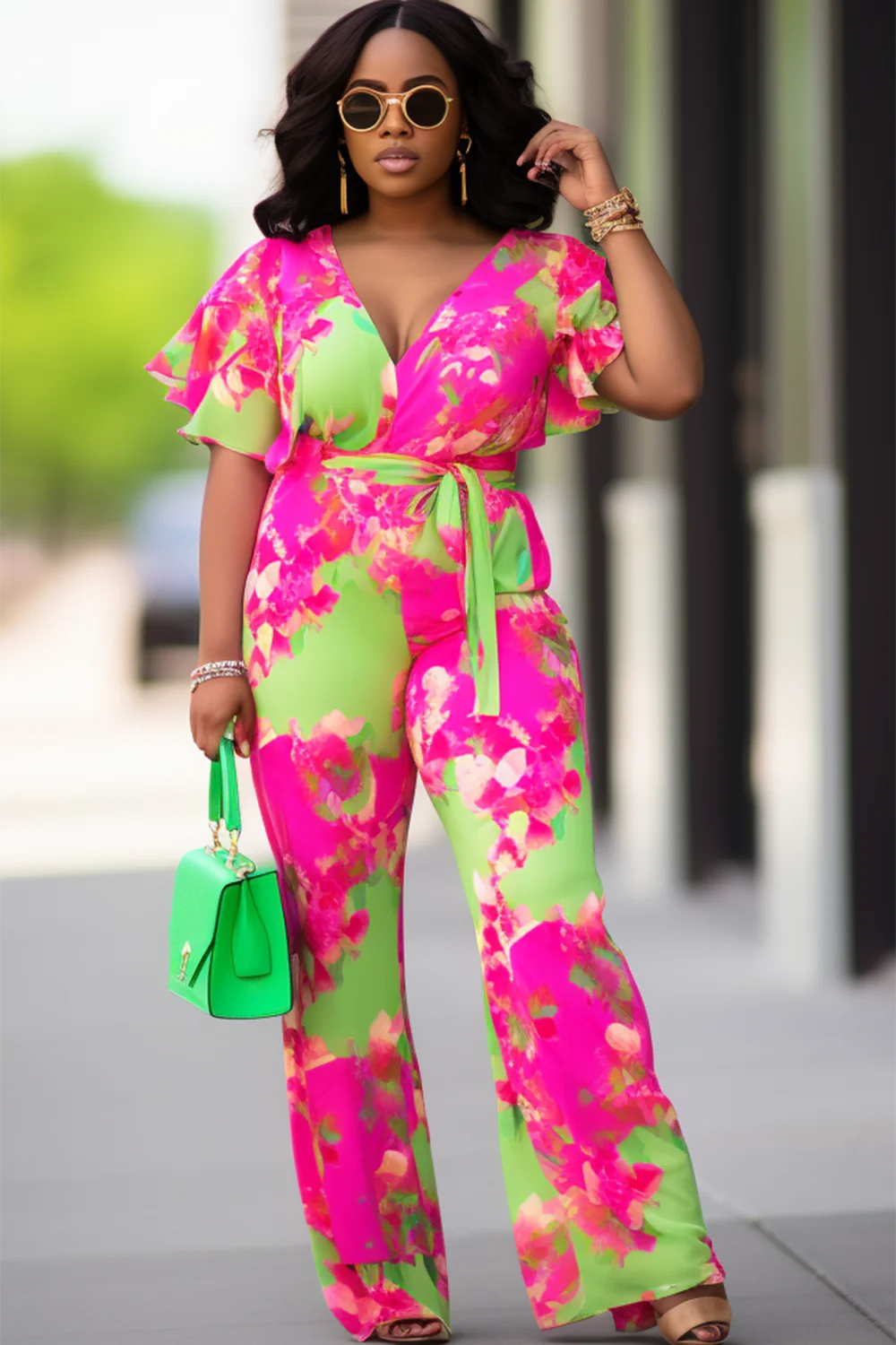 Xpluswear Design Plus Size Daily Hot Pink All Over Print V Neck Flutter Sleeve Short Sleeve Ruffle Wrap Knitted Jumpsuits [Pre-Order]