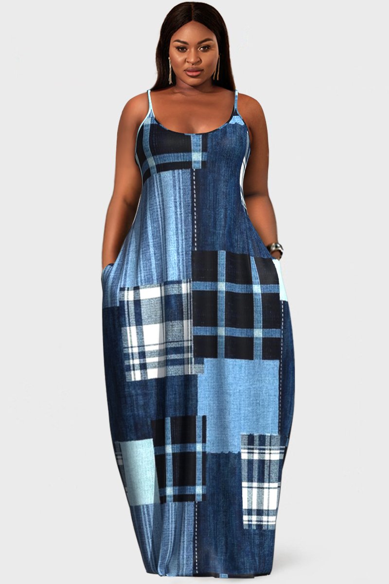 Xpluswear Design Plus Size Blue Casual Plaid Denim Print Colorblock With Pockets Maxi Dresses