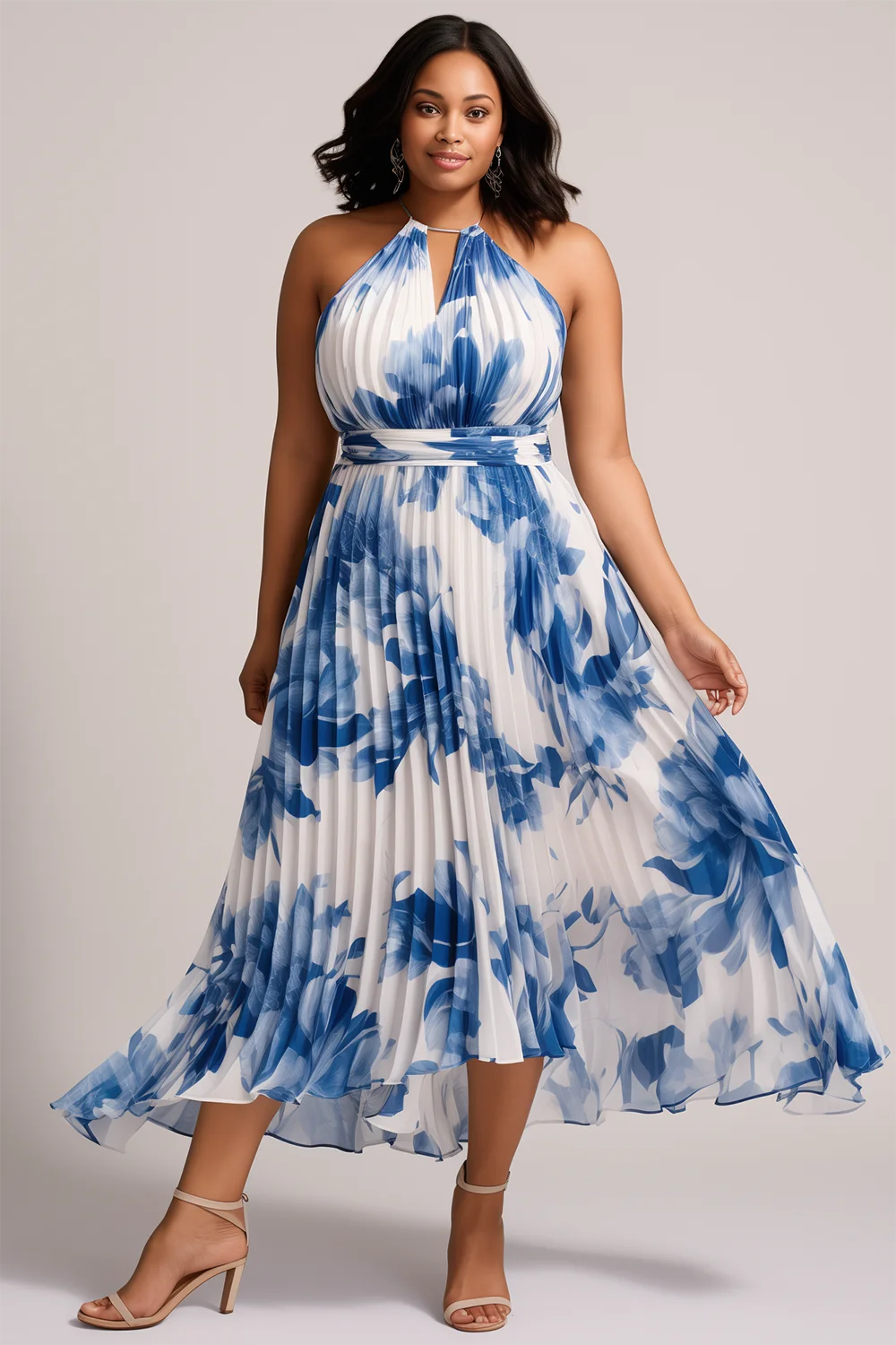 Xpluswear Design Plus Size Wedding Guest Blue Floral Sundress Halter Collar Pleated Chiffon Midi Dresses [Pre-Order]