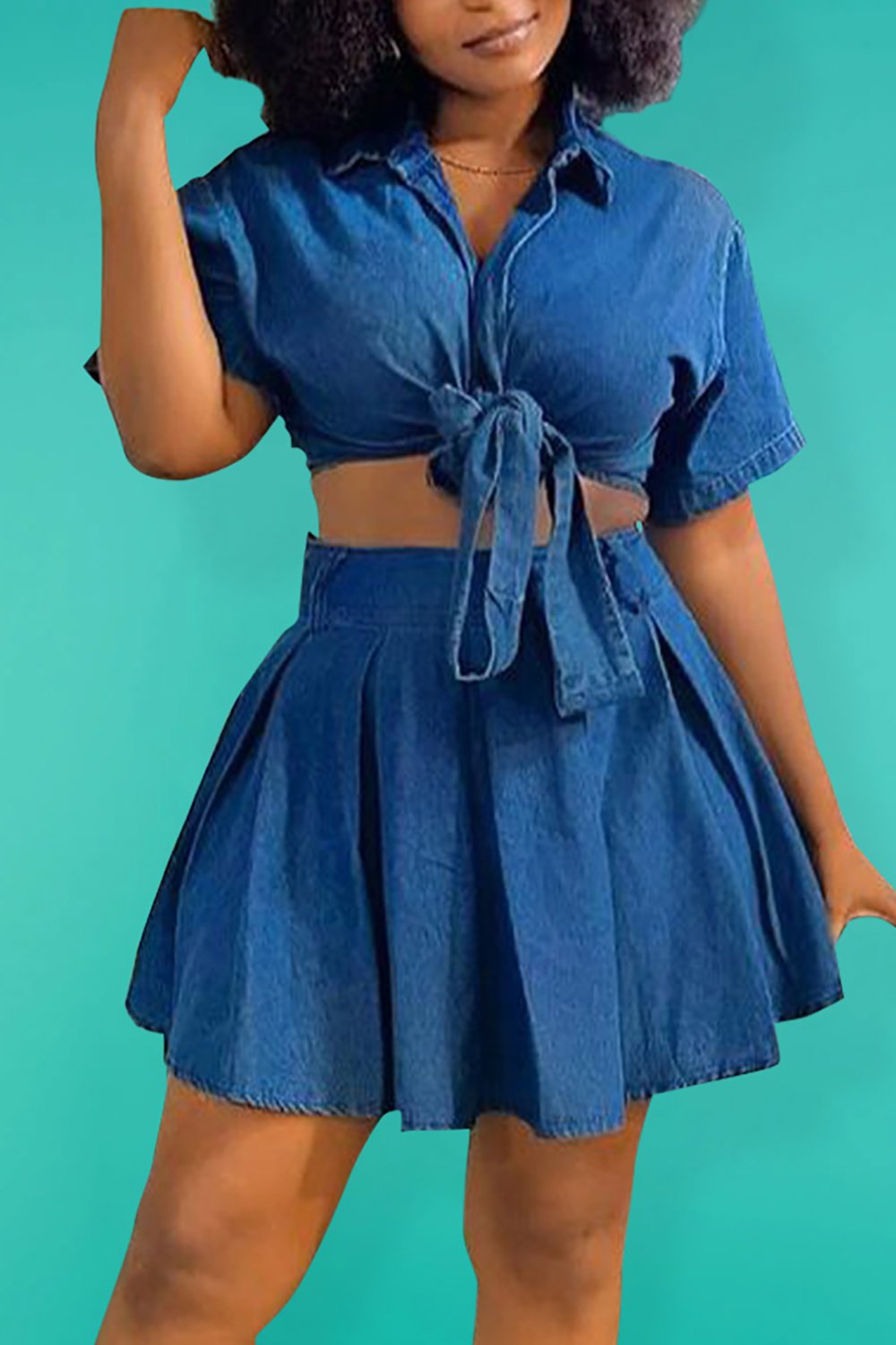 Plus Size Daily Blue Spring Summer Shirt Collar Short Sleeve Pocket Denim Two Piece Skirt Sets [Pre-Order]