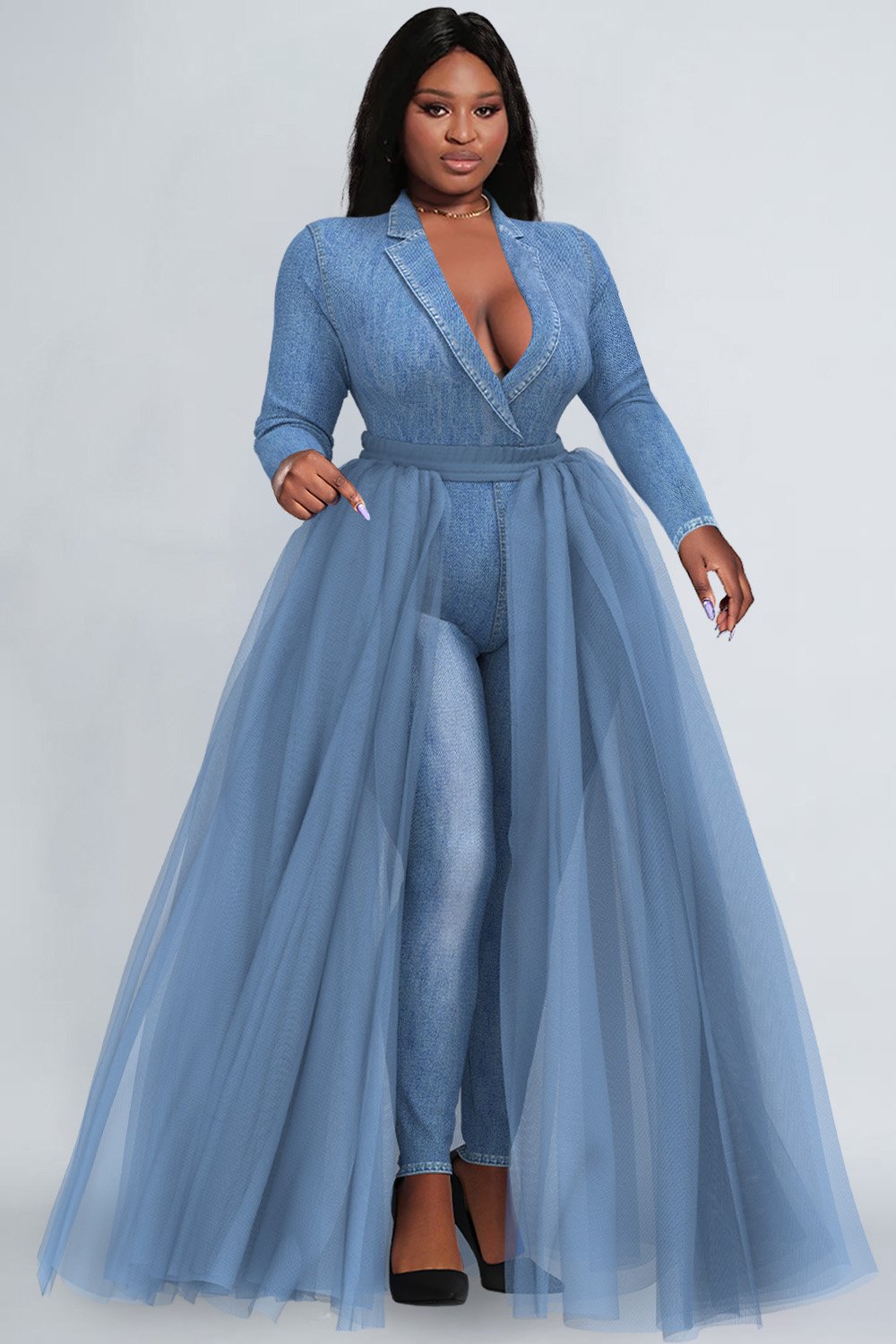 Xpluswear Design Plus Size Semi Formal Light Blue Turndown Collar Long Sleeve Contrast Denim Tulle Jumpsuits [Pre-Order]