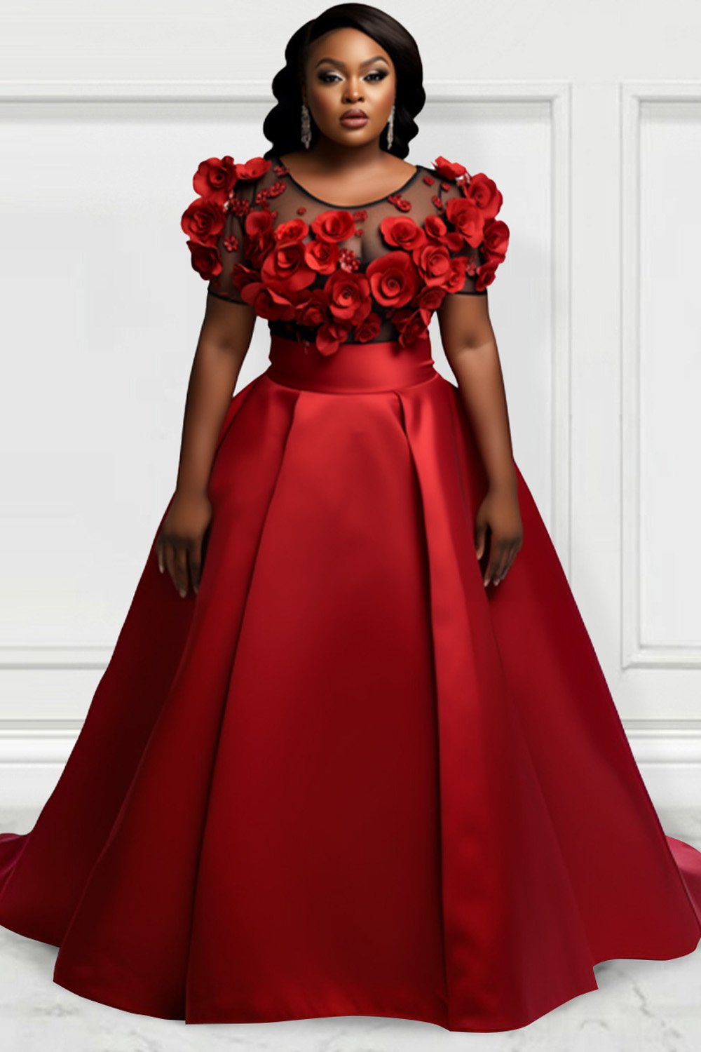 Xpluswear Design Plus Size Formal Elegant Red Spring Summer Round Neck Short Sleeve 3D Satin Two Piece Skirt Sets [Pre-Order]