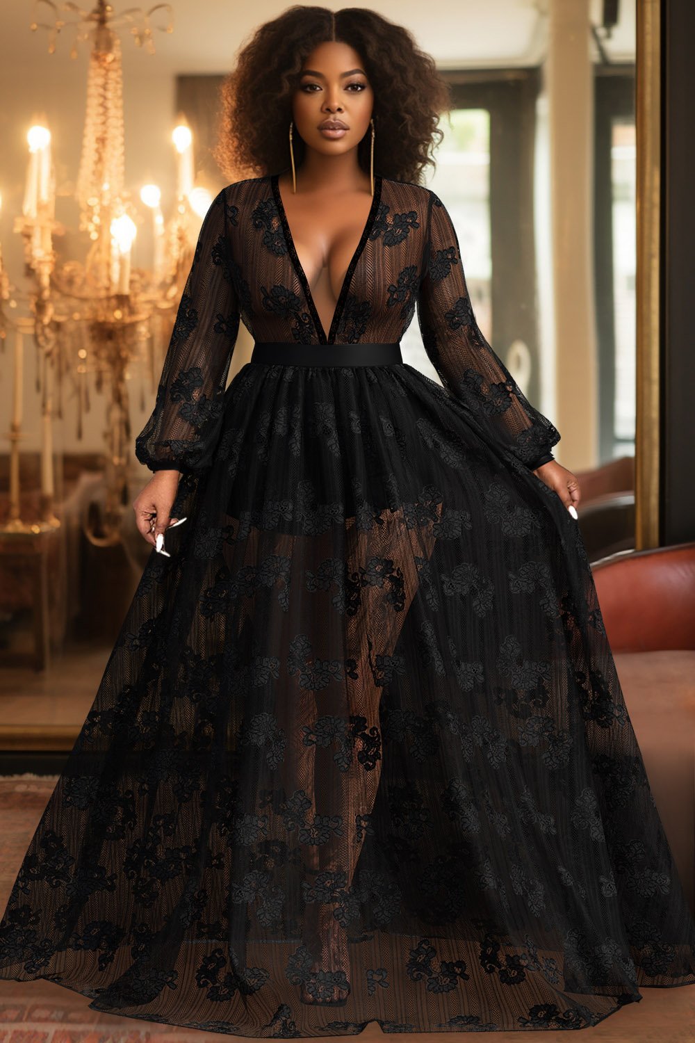 Xpluswear Design Plus Size Party Maxi Dresses Black Fall Winter V Neck Tulle Long Sleeve See-Through Lace Maxi Dresses