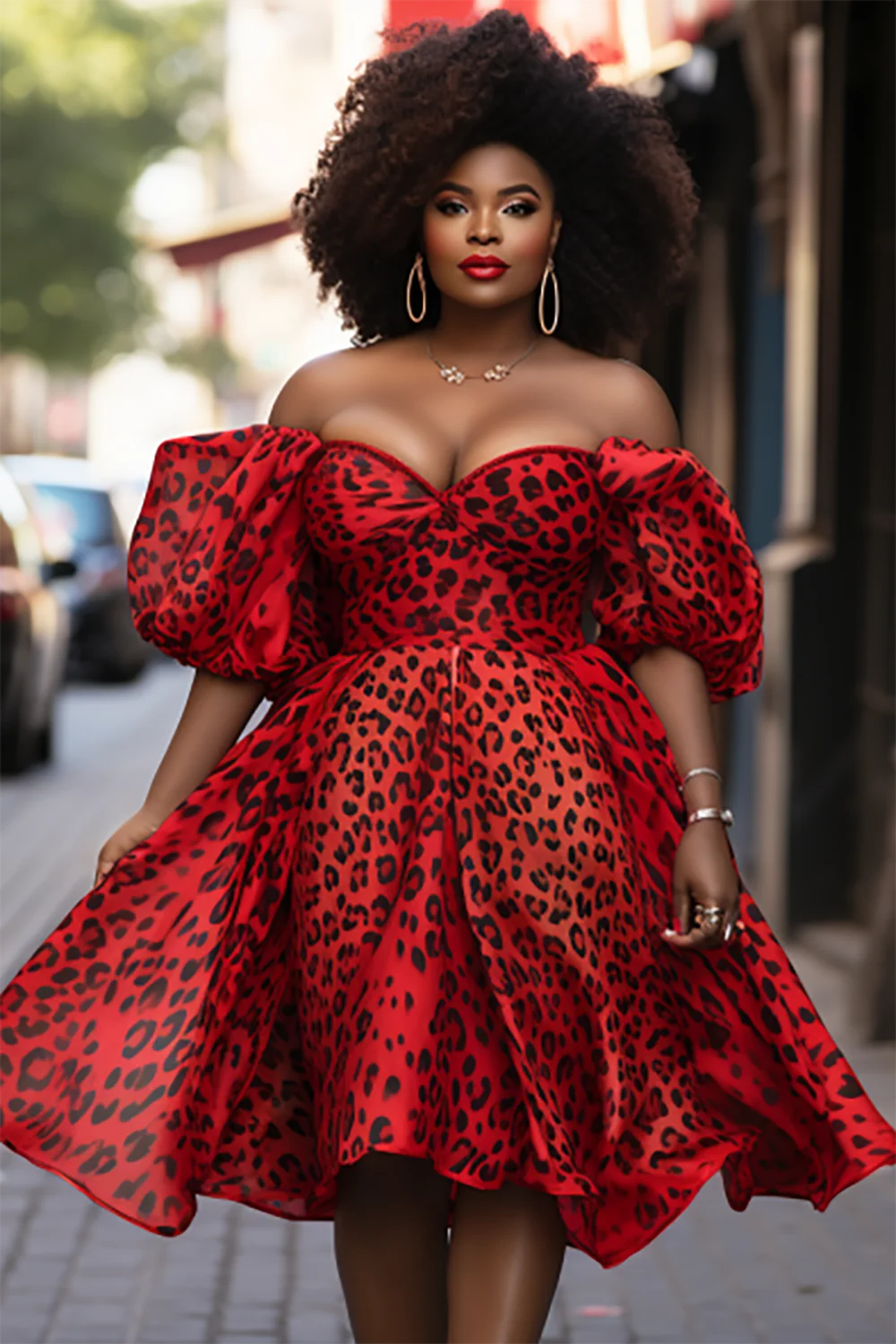 Xpluswear Design Plus Size Party Mini Dresses Red Leopard Spring Summer Off The Shoulder Puff Sleeve Chiffon Mini Dresses [Pre-Order]