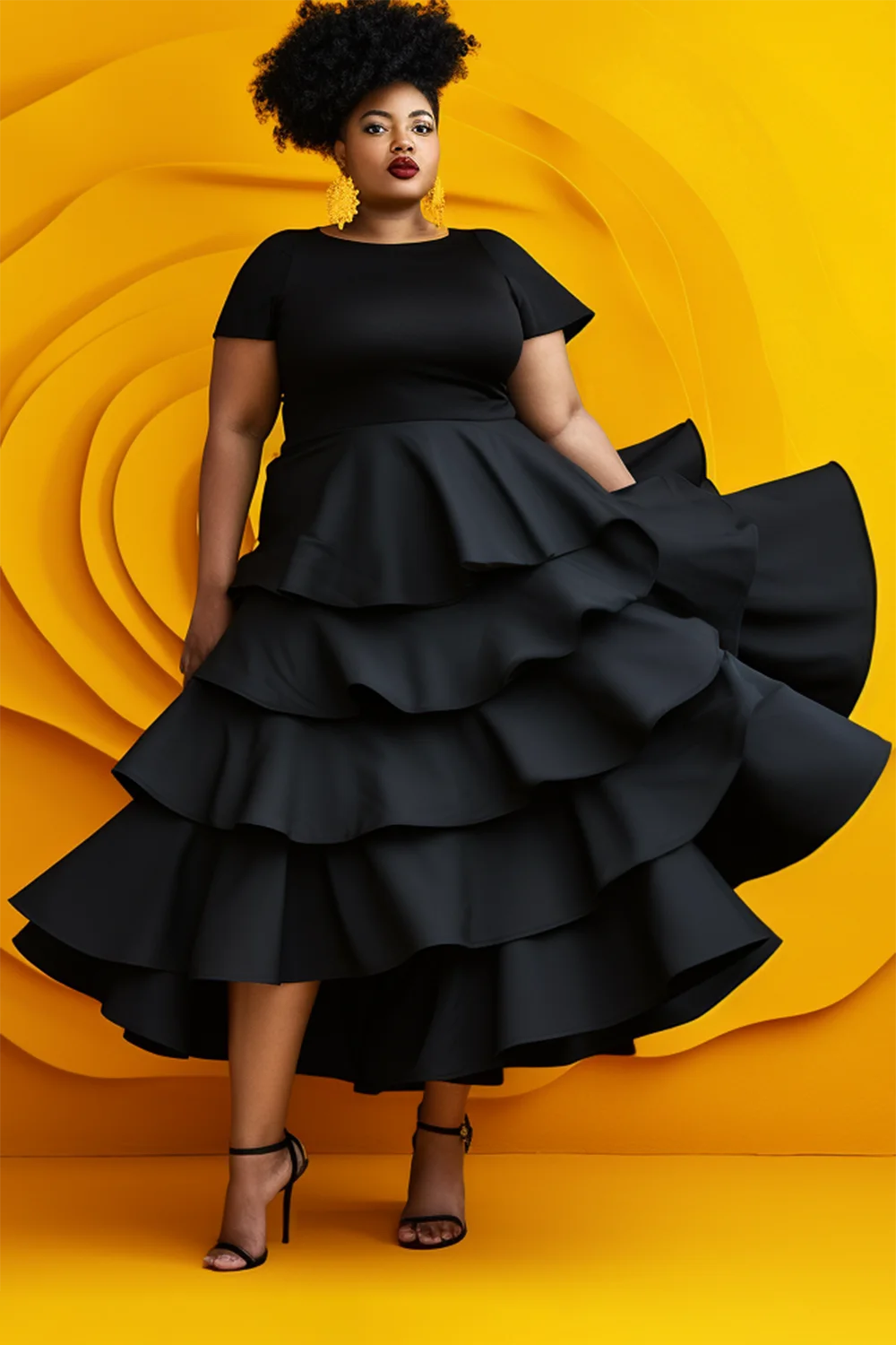 Xpluswear Design Plus Size Daily Black Round Neck Short Sleeve Flounce Cotton Midi Dresses [Pre-Order]