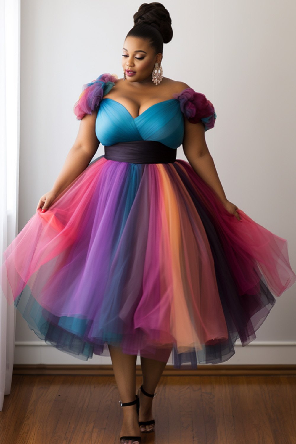 Xpluswear Design Plus Size Prom Elegant Multicolor Gradient Wrap Neck Tulle Midi Dresses [Pre-Order]