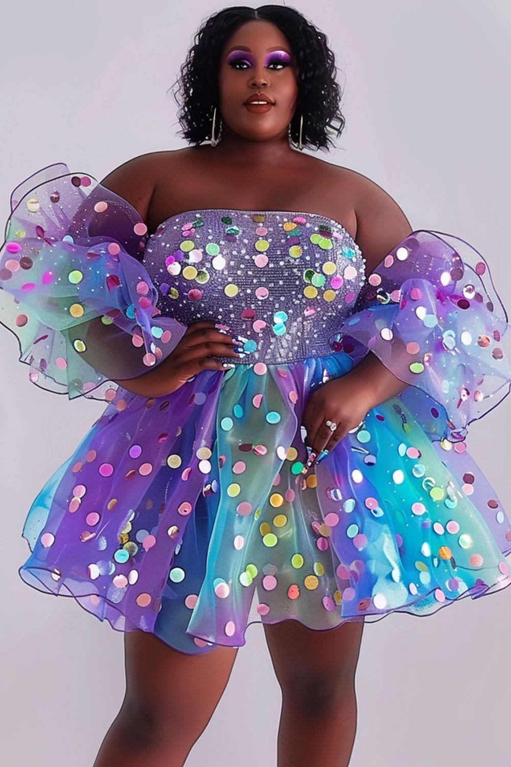 Xpluswear Design Plus Size Party Purple Off The Shoulder Puff Sleeve Short Sleeve Sequin Organza Mini Dresses [Pre-Order]