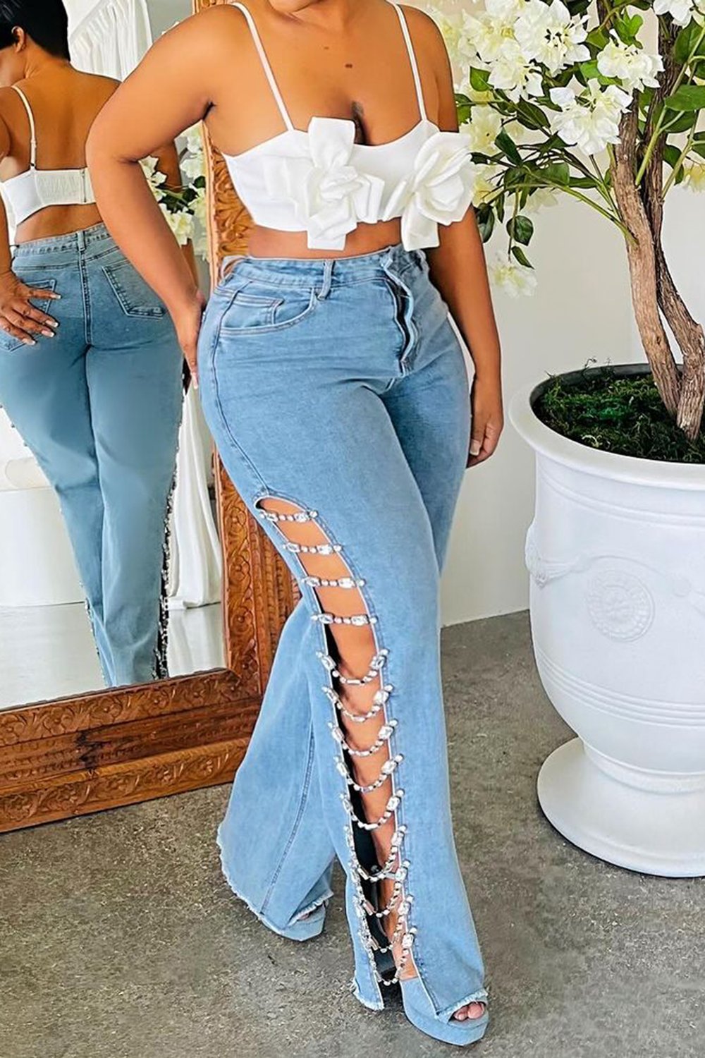 Plus Size Daily Light Blue Split High Waist Denim Jeans [Pre-Order]