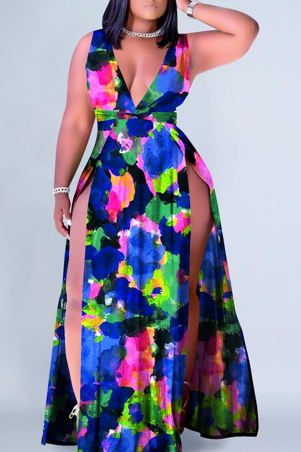 Plus Size Vaction Multicolor Print V Neck Sleeveless Split Maxi Dress [Pre-Order]