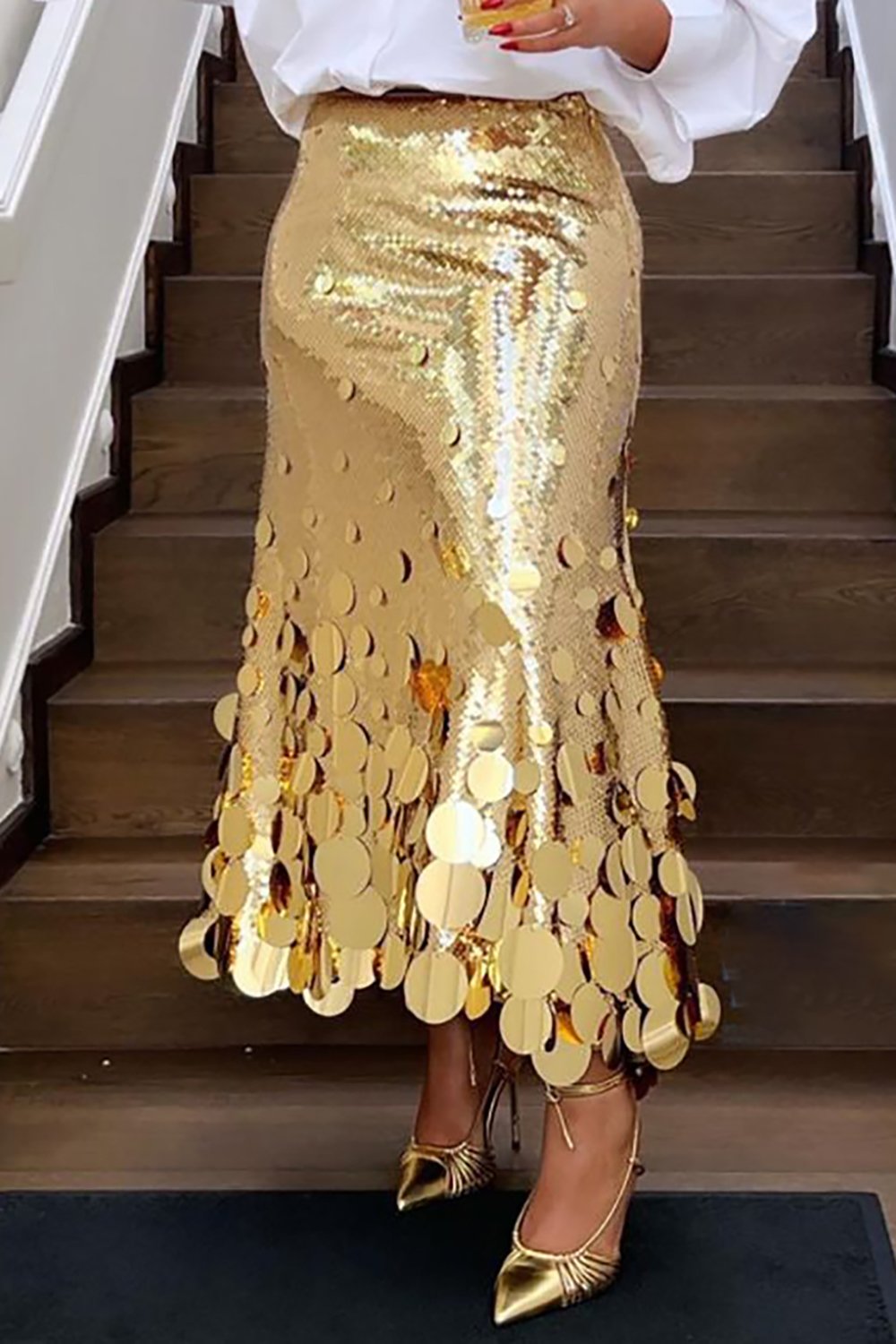 Plus Size Formal Skirts Elegant Gold Long Sequin Skirts [Pre-Order]